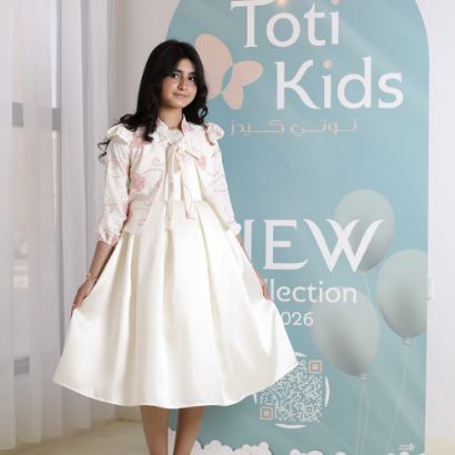 صورة طقم فستان بناتي مع جاكيت بوليرو | تصميم مورد وربطة عنق - 1045